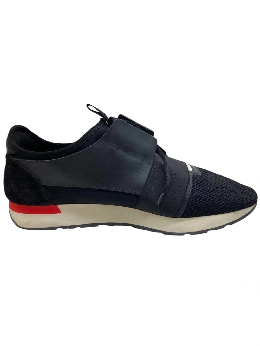 Balenciaga Black Slip-On Mesh & Leather Sneakers with Red Heel Accent size 12